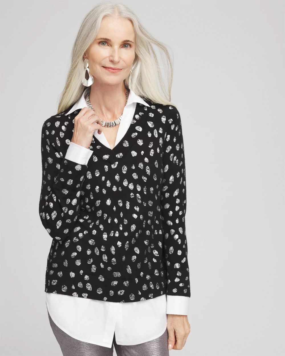 Foil Spotted Built-In Shirt Knit Sweater | Chico's